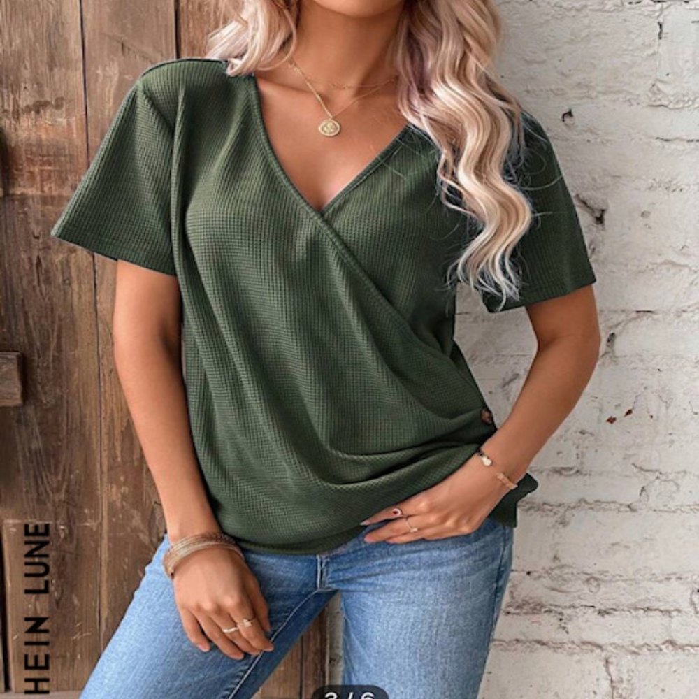 Green Solid Button Detail Wrap Tee Top L